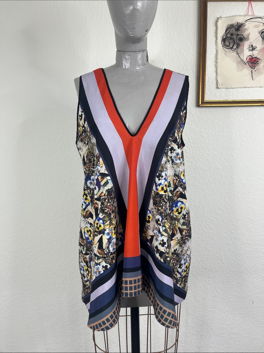Clover Canyon 2015 V Neck Abstract Pansies Geometric Top Blouse